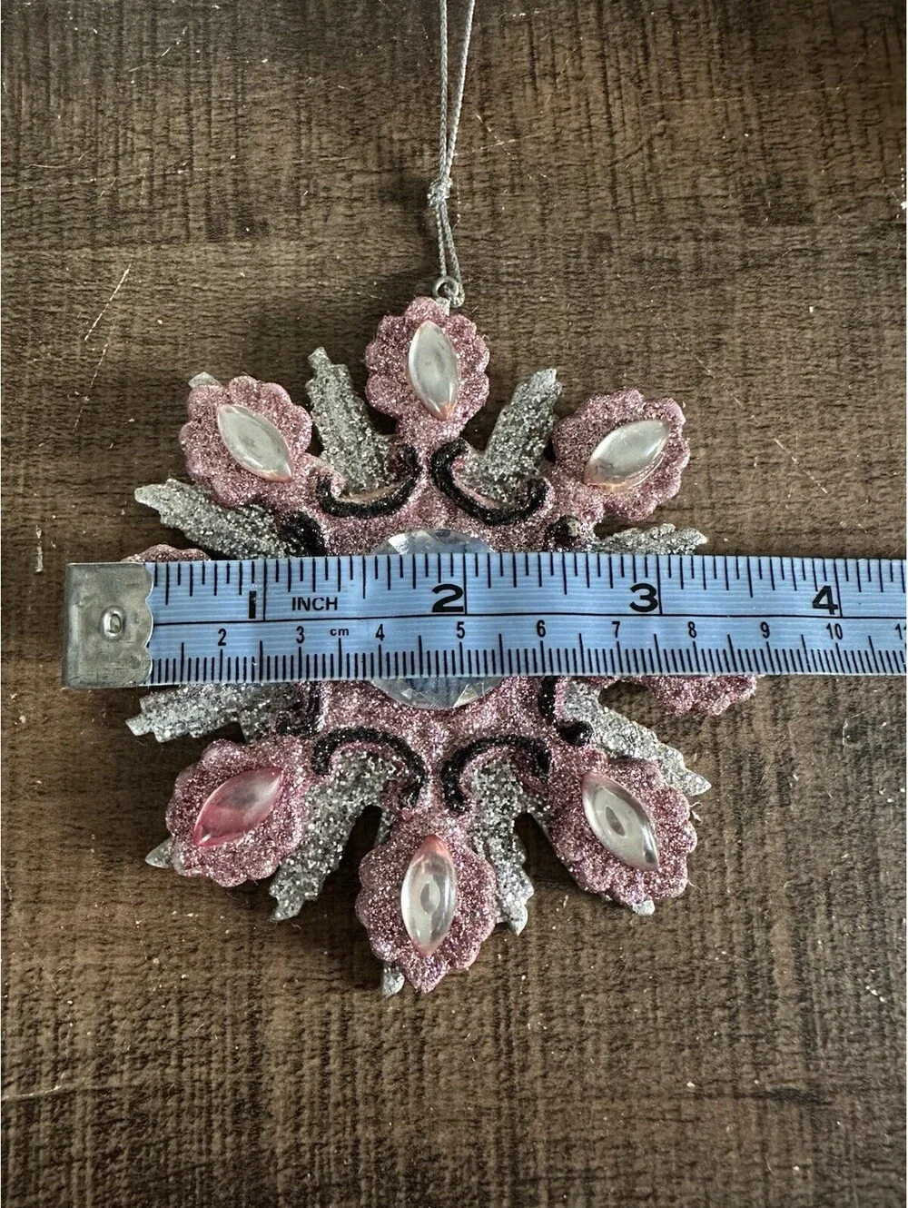 Pink Glitter Snowflake Christmas Ornament Faux Gem Rhinestone Holiday Decor
